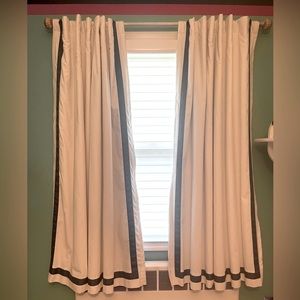 Pottery Barn Black Out White/Blue ribbon drapes 44” x 63” 4 panels (two windows)